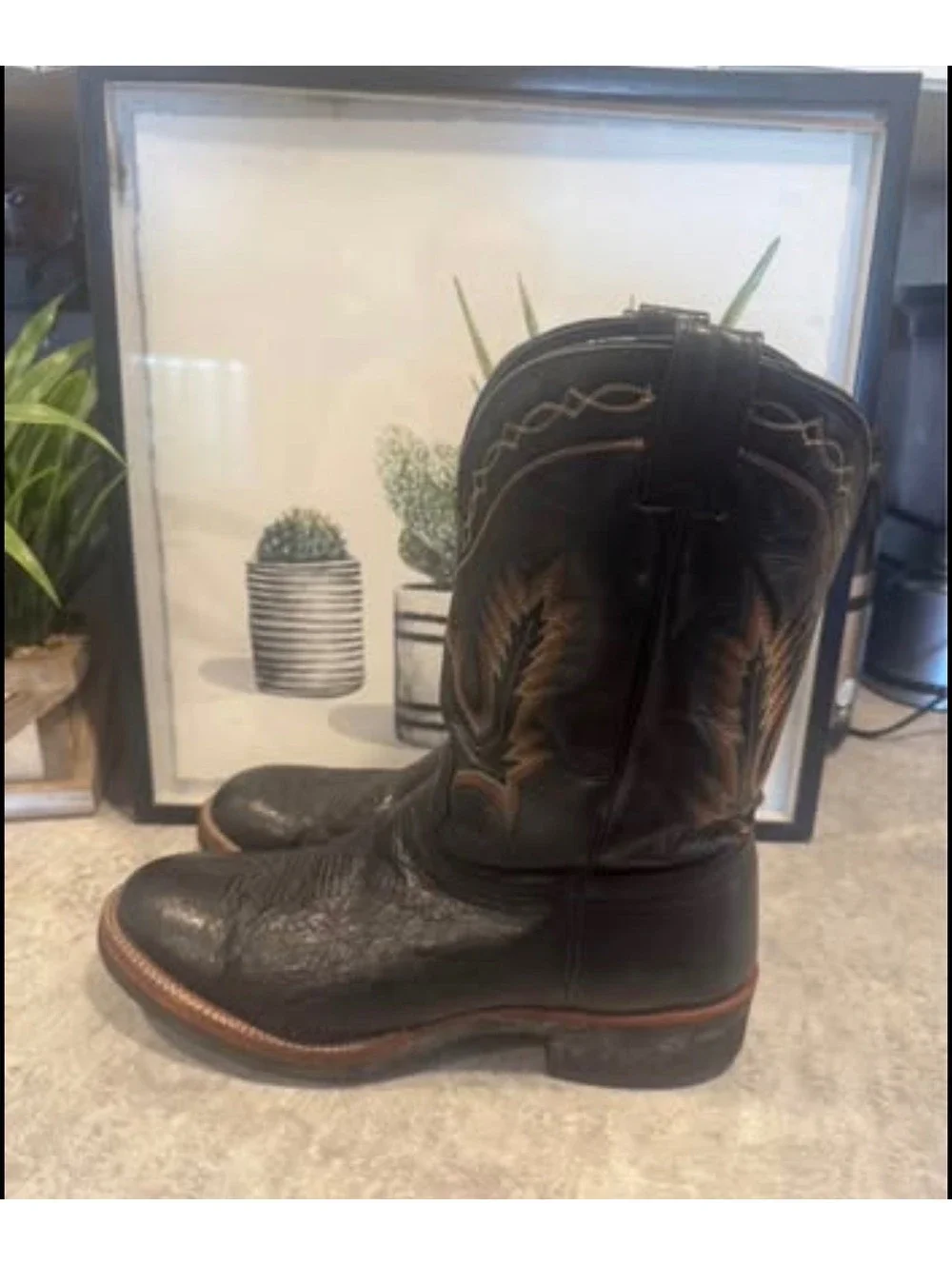 Vintage Larry Mahan Black Smooth Ostrich Roper Cowboy Boots Size 12